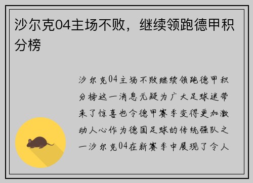 沙尔克04主场不败，继续领跑德甲积分榜